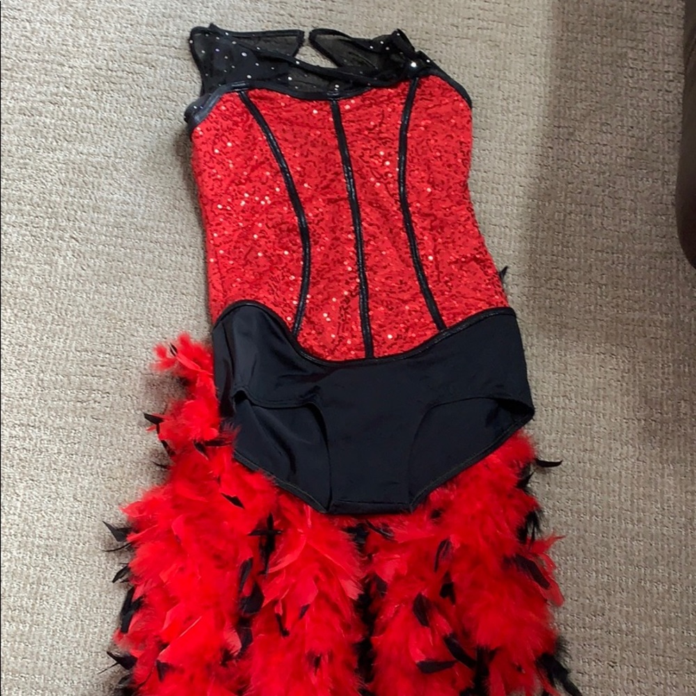 red jazz dance costume with feathers